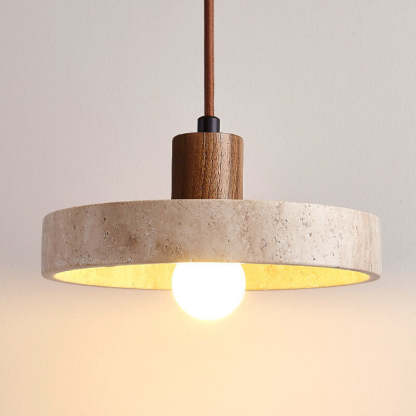 Japanese Solid Wood Disc Yellow Travertine Pendant Light