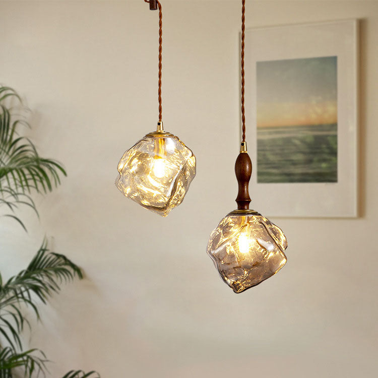 Wood glass cube ice pendant lighting - traditional — Amber / 220V-240V (UK/AU)
