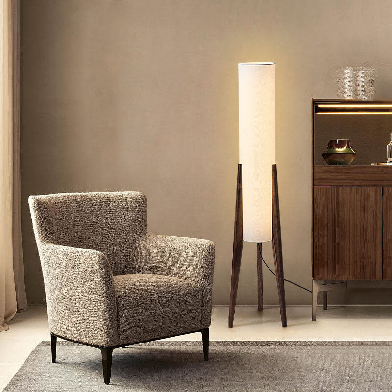 Chinese Fabric Cylinder Wood Tripod Floor Lamp