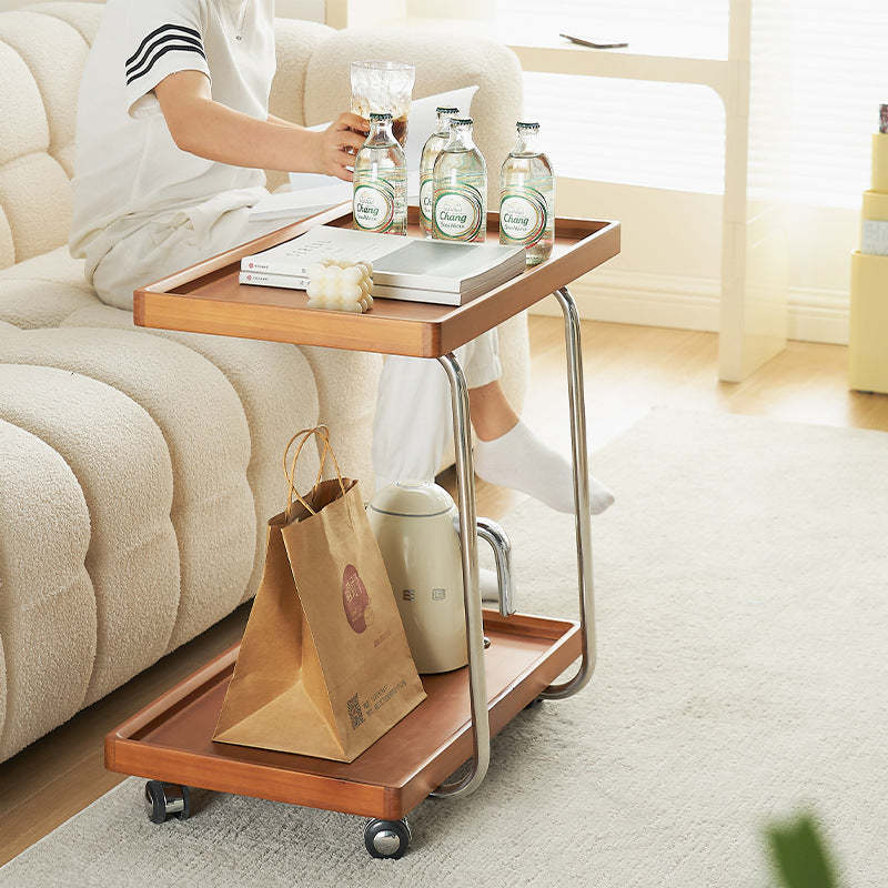 Minimalist Wood Metal 2-Tier Wheeled End Table