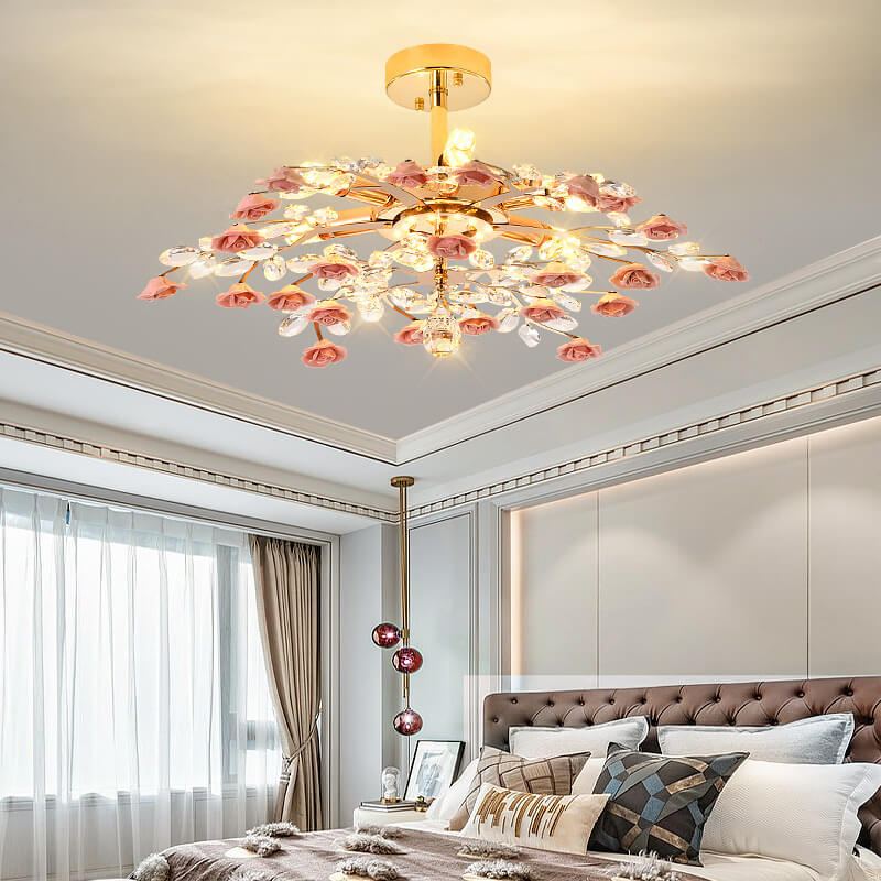 Modern Luxury Rose Iron Ceramic Crystal Chandelier