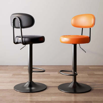Minimalist Round Curved-Back Leather Metal Bar Stool — Black / Silver