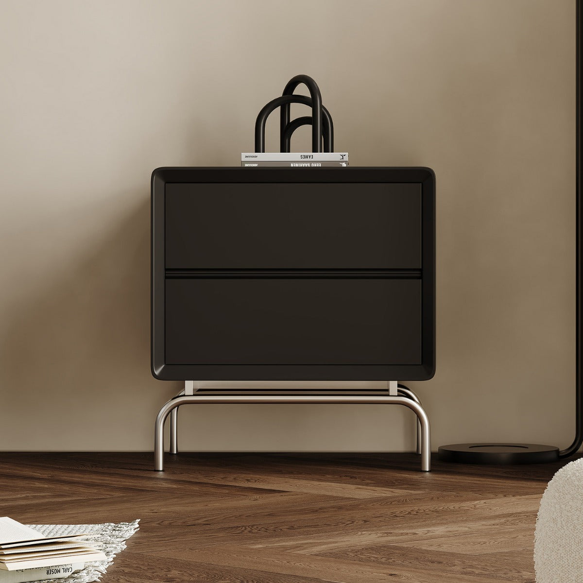 Minimalist Wood Steel 2-Drawer Nightstand — Black
