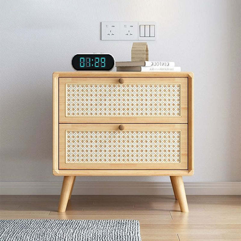 Modern Wood Rattan 2-Drawer Side Table