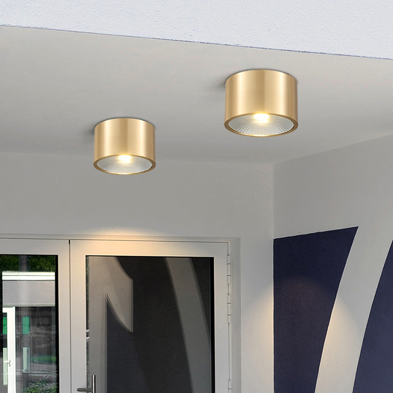 Minimalist Cylinder Brass LED Flush Mount Light