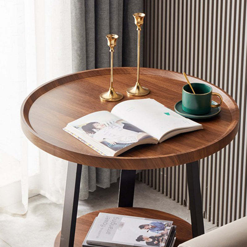 Scandinavian Round Wood Iron 2-Tier End Table