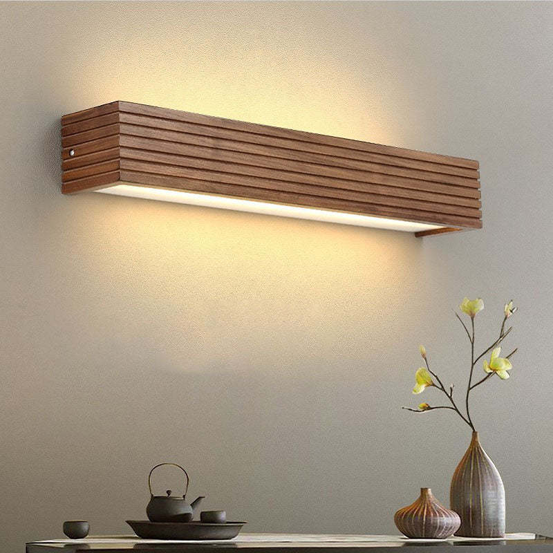 Chinese Striped Wood Cuboid LED Vanity Sconce — White Light (5000K) / 110V-120V For US/CA
