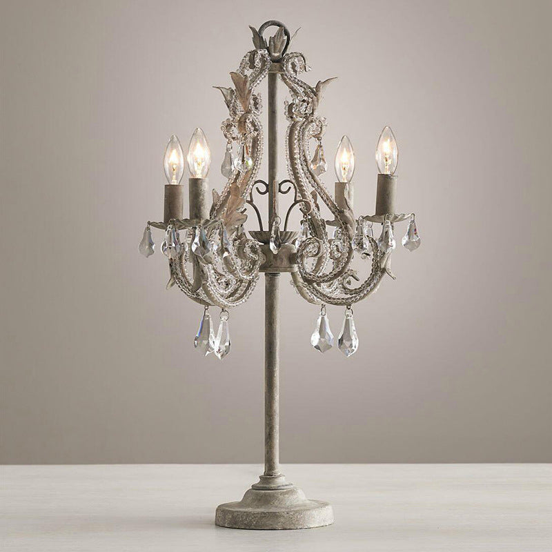 Boho Distressed White Candelabra Crystal Bead Table Lamp
