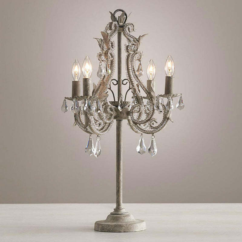 Boho Distressed White Candelabra Crystal Bead Table Lamp