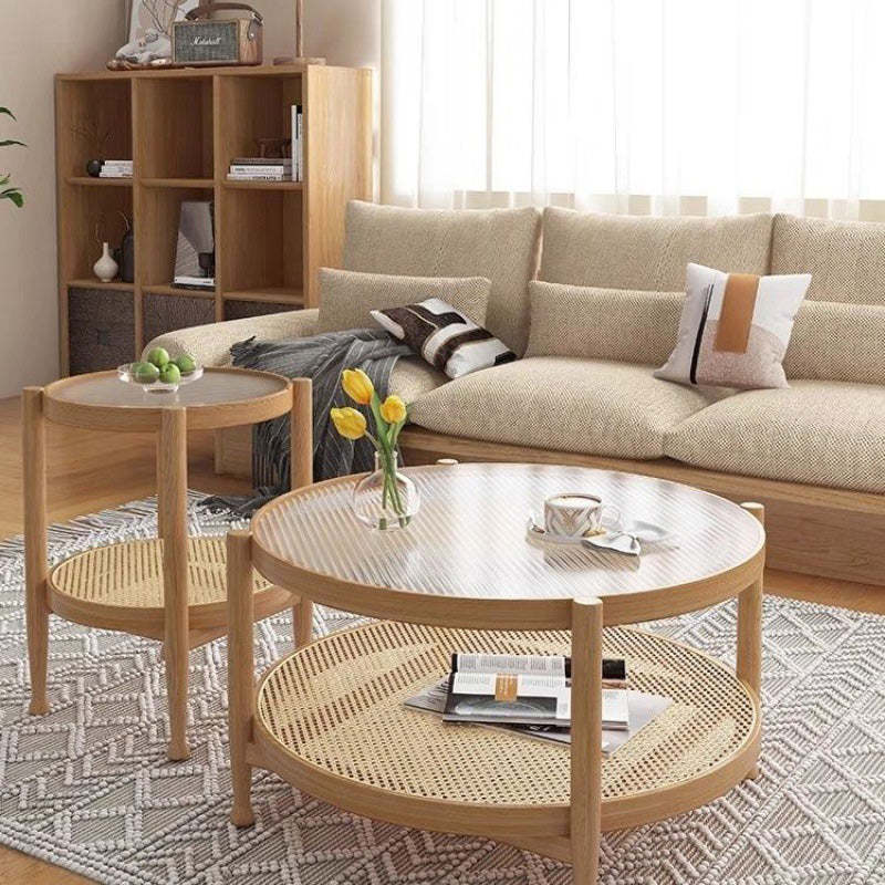 Minimalist Glass Rattan Wood 2-Tier Round Coffee Table