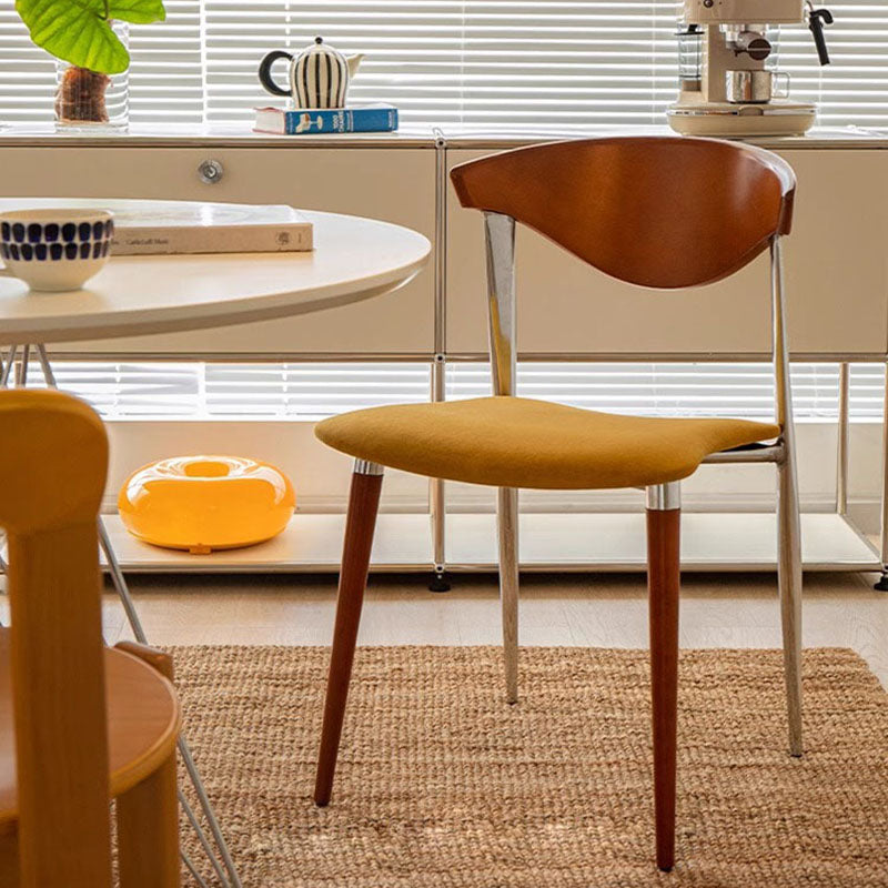 Retro Beech Iron Velvet Curved Dining Chair — Wood Color / Yellow