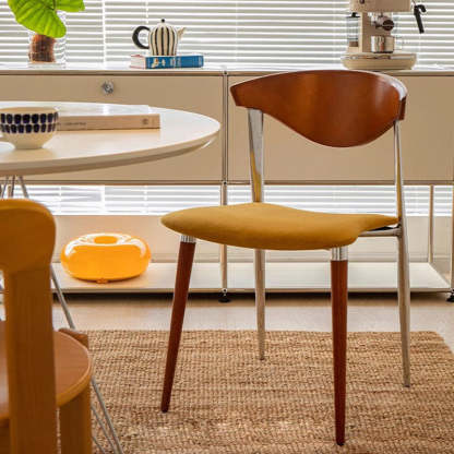Retro Beech Iron Velvet Curved Dining Chair — Wood Color / Yellow