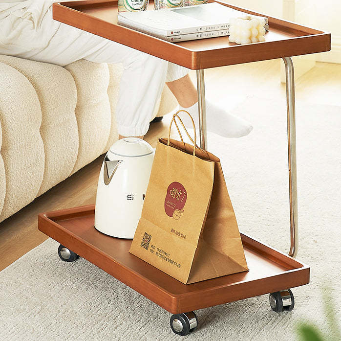 Minimalist Wood Metal 2-Tier Wheeled End Table