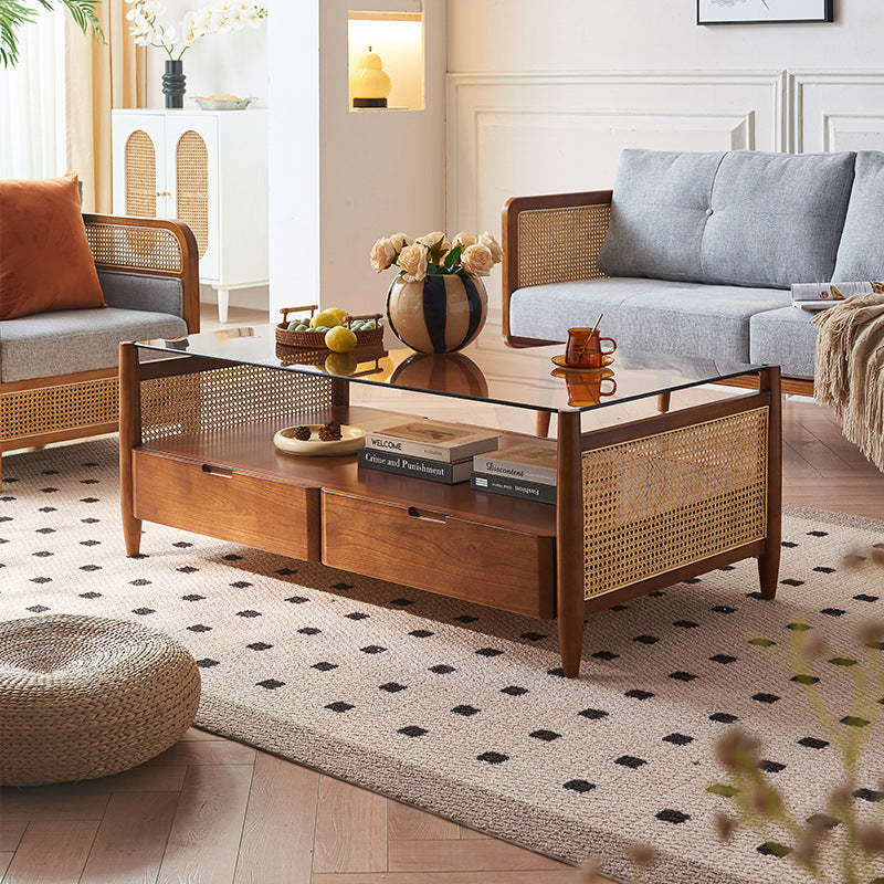 Japanese Woven Ash Glass 4-Drawer Coffee Table