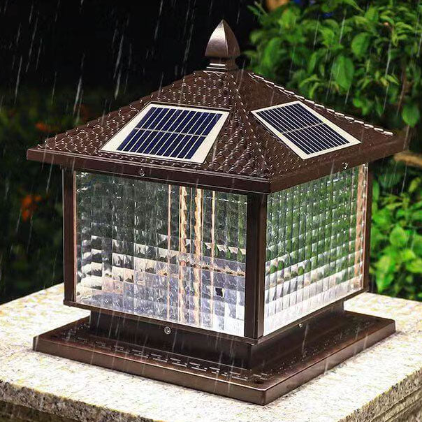 Retro Square Die-Cast Aluminum Glass Solar Column Light — B / Solar