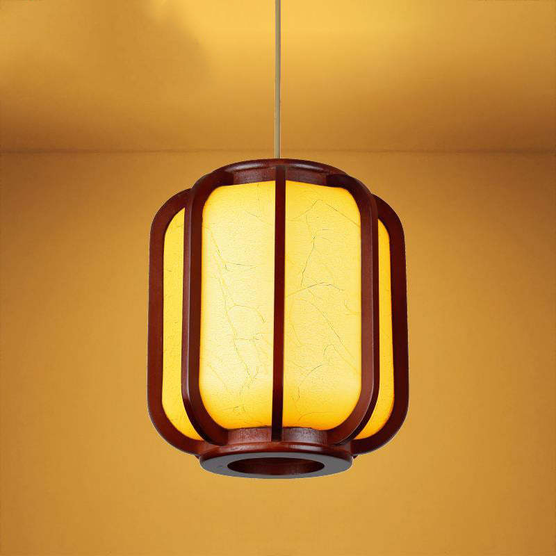 Modern Chinese Faux Sheepskin Wooden Lantern Pendant — Yellow / 220V-240V For UK/AU