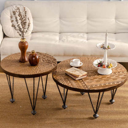 Rustic Round Solid Wood Iron Coffee Table