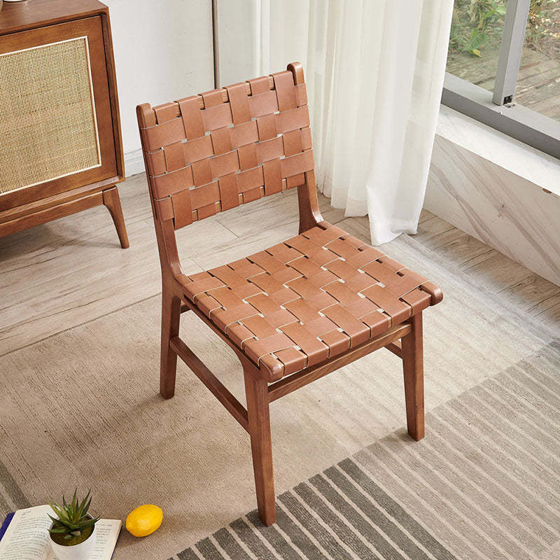Scandinavian Woven Wood Saddle Leather Dining Chair