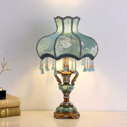 European Blue Fabric Tassel Resin Table Lamp — Push Button Switch / 220V-240V For UK/AU