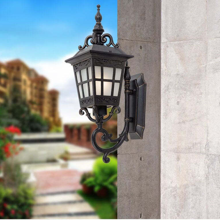 European Square Carved Lantern Outdoor Wall Sconce — 110V-120V For US/CA