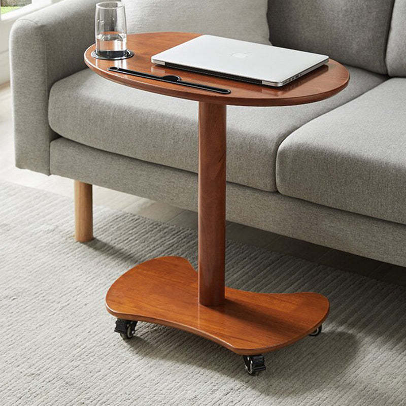 Minimalist Oval Solid Wood 4-Wheel Coffee Table — Small - Light Walnut Color