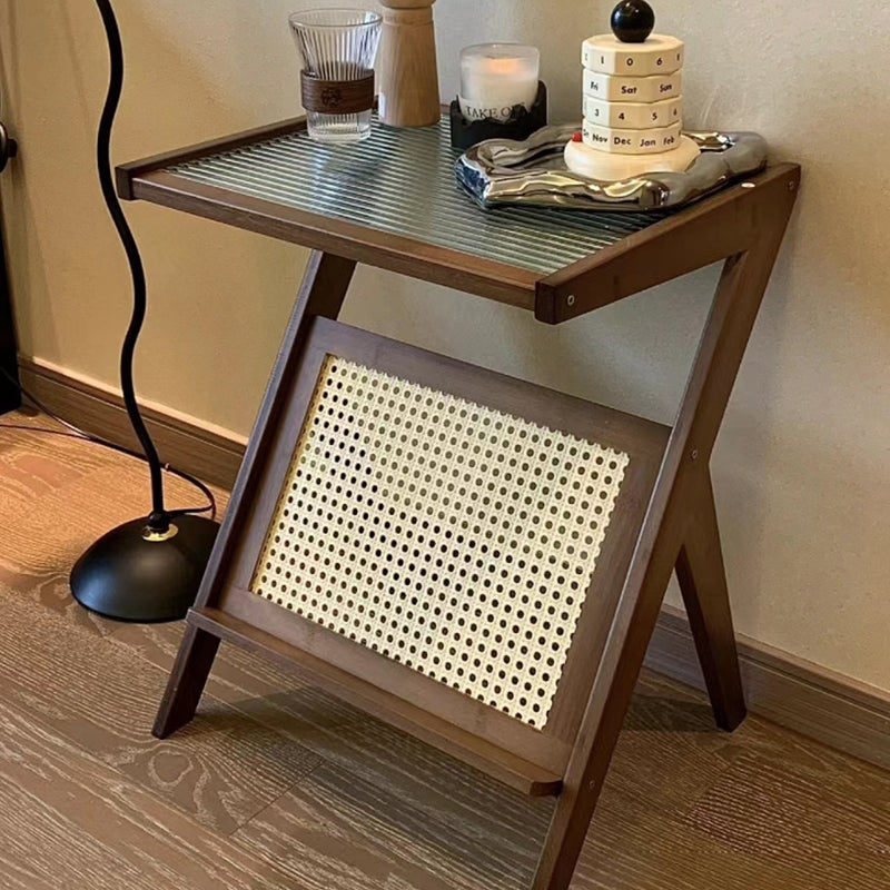 Contemporary Z-Shaped Glass Bamboo End Table — Black