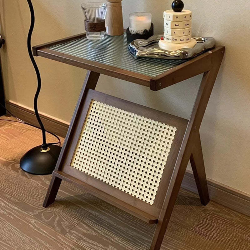 Contemporary Z-Shaped Glass Bamboo End Table — Black