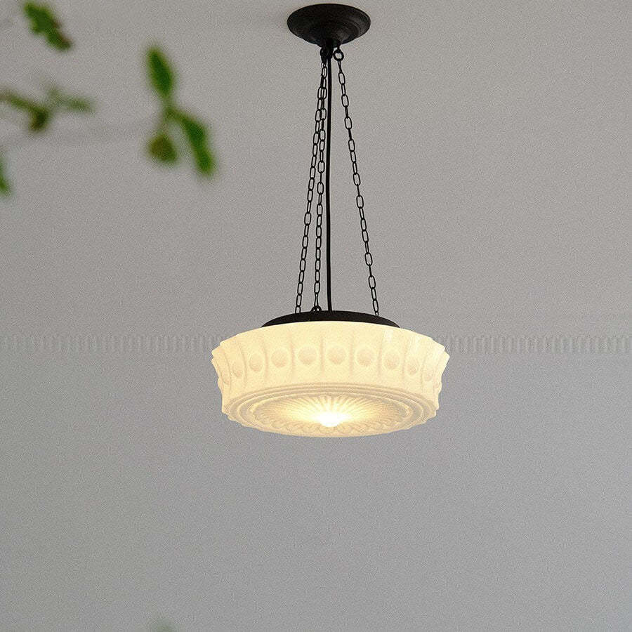 French Vintage White Jade Glass Drum LED Semi-Flush Light