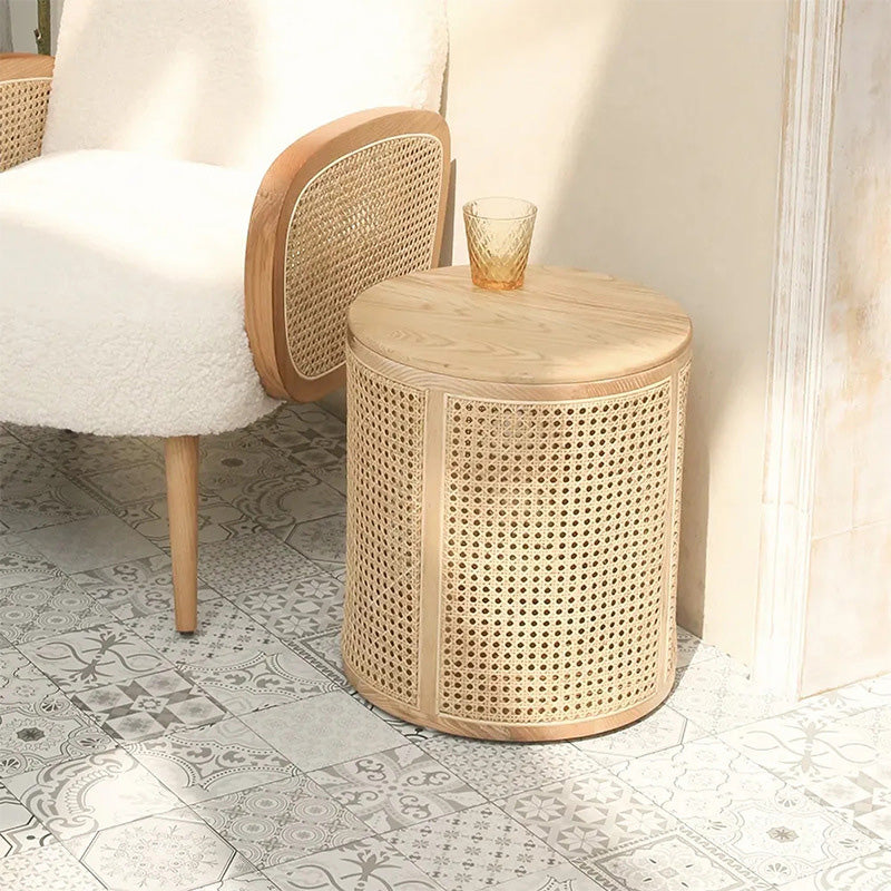 Scandinavian Cylindrical Wood Rattan Coffee Table