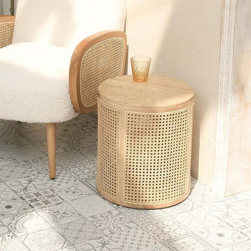 Scandinavian Cylindrical Wood Rattan Coffee Table