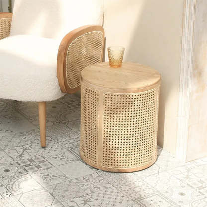 Scandinavian Cylindrical Wood Rattan Coffee Table