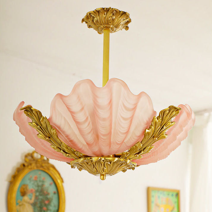 French Shell Brass Glass Chandelier