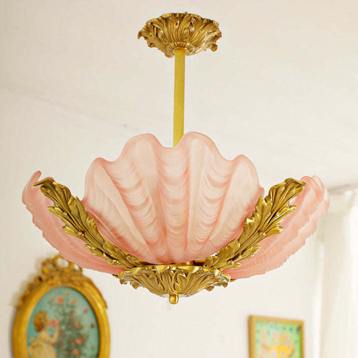 French Shell Brass Glass Chandelier
