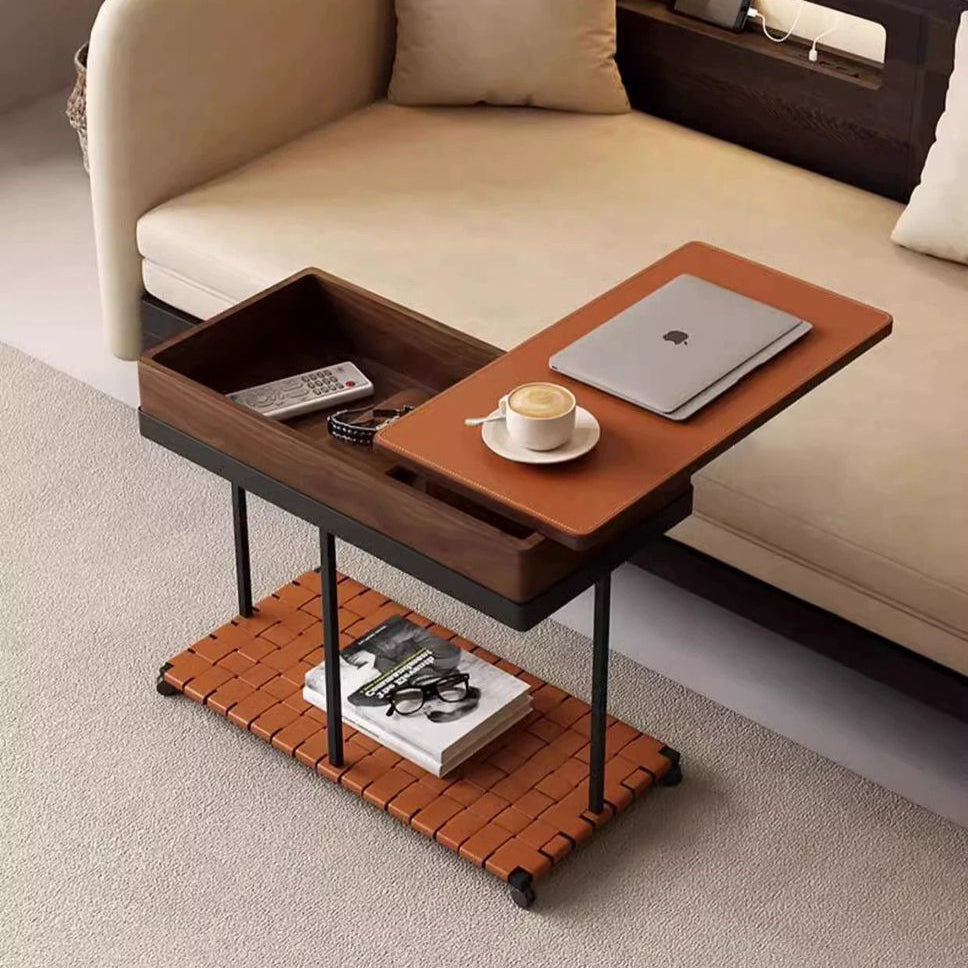 Lighom traditional solid rectangular wood leather iron end & side tables