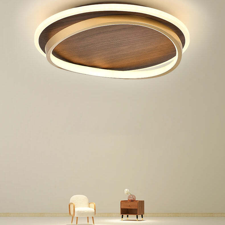 Nordic Minimalist Circular Walnut LED Flush Mount Light
