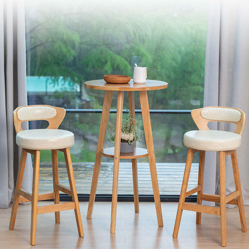Modern PU Leather Wood Low-Back Bar Stool — Off-White PU Leather Cushion + Log Color Frame