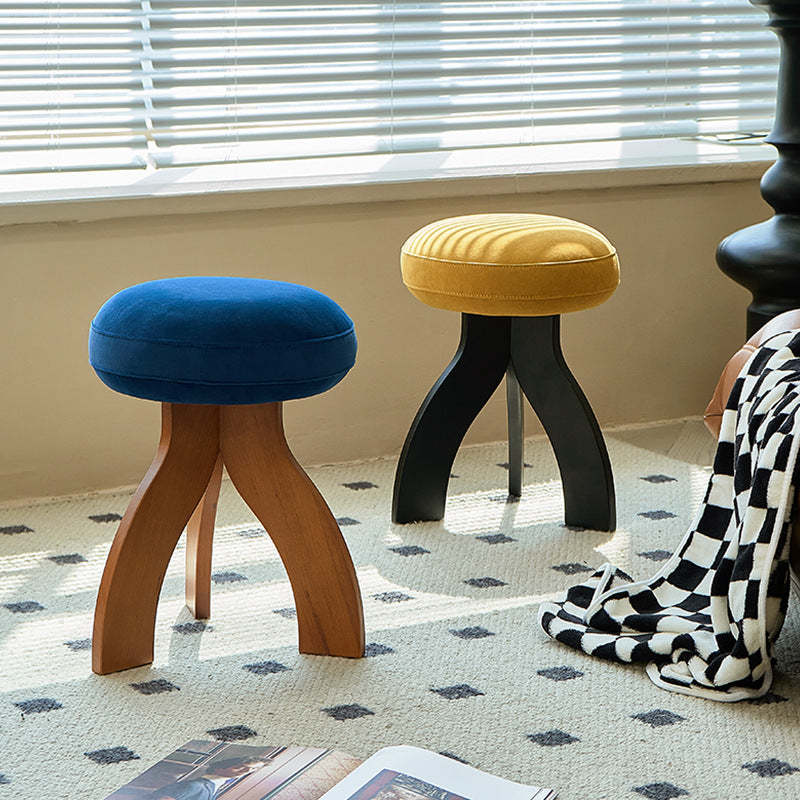 Vintage Triangle Base Wood Fabric Vanity Stool — Orange + Cherry Frame