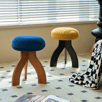 Vintage Triangle Base Wood Fabric Vanity Stool — Orange + Cherry Frame