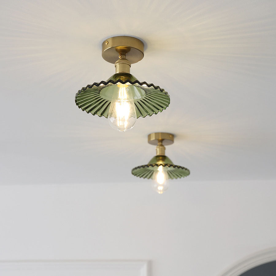 Japanese Vintage Brass Lotus Glass Semi-Flush Ceiling Light