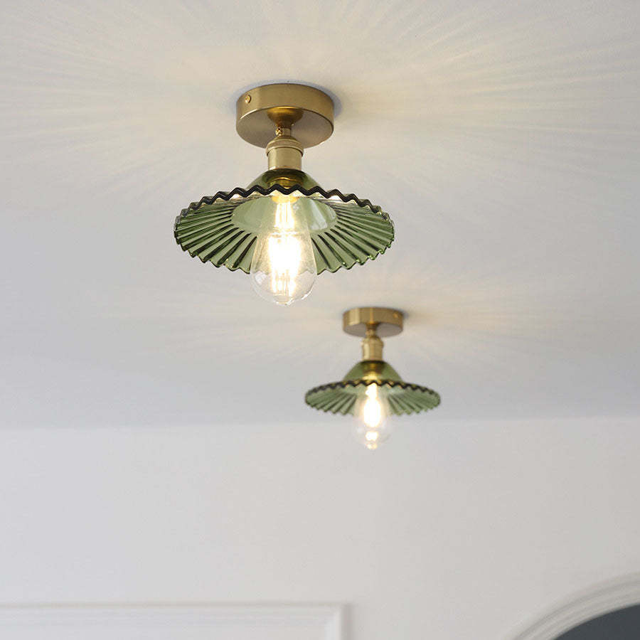 Japanese Vintage Brass Lotus Glass Semi-Flush Ceiling Light