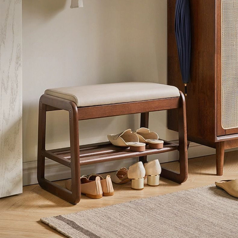 Minimalist Wood Leather Shoe Storage Bench — Cherry Wood Color