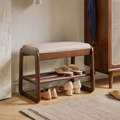 Minimalist Wood Leather Shoe Storage Bench — Cherry Wood Color