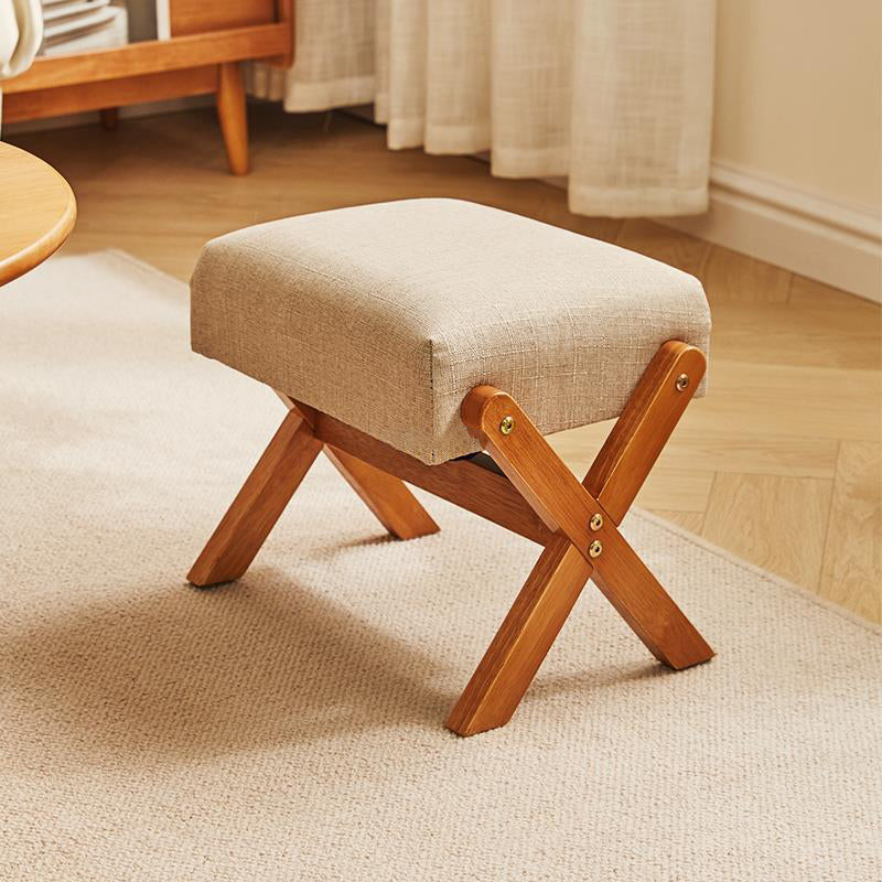 Contemporary Wood Linen X-Leg Footstool — Wood Color