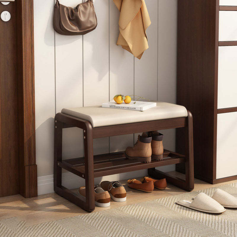Minimalist Wood Leather Shoe Storage Bench — Walnut