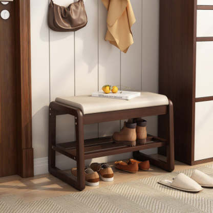Minimalist Wood Leather Shoe Storage Bench — Walnut