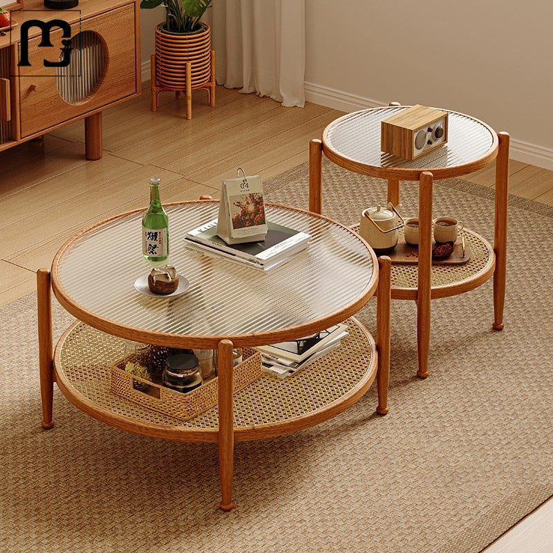 Japanese Glass Rattan Solid Wood End Table