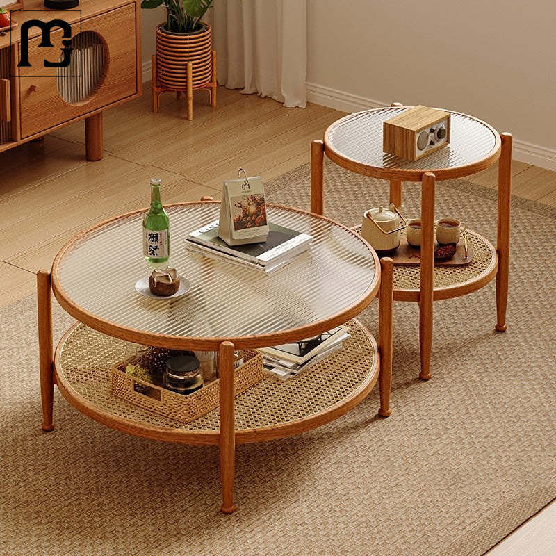Japanese Glass Rattan Solid Wood End Table