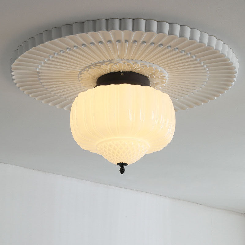 Art Deco Iron Pumpkin Glass 3-Light Flush Ceiling Light