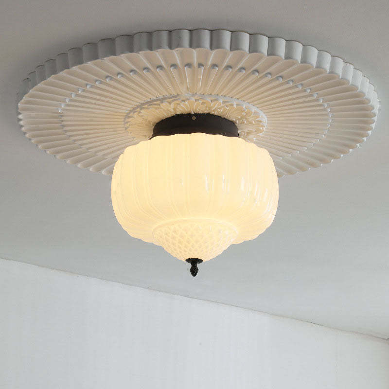 Art Deco Iron Pumpkin Glass 3-Light Flush Ceiling Light