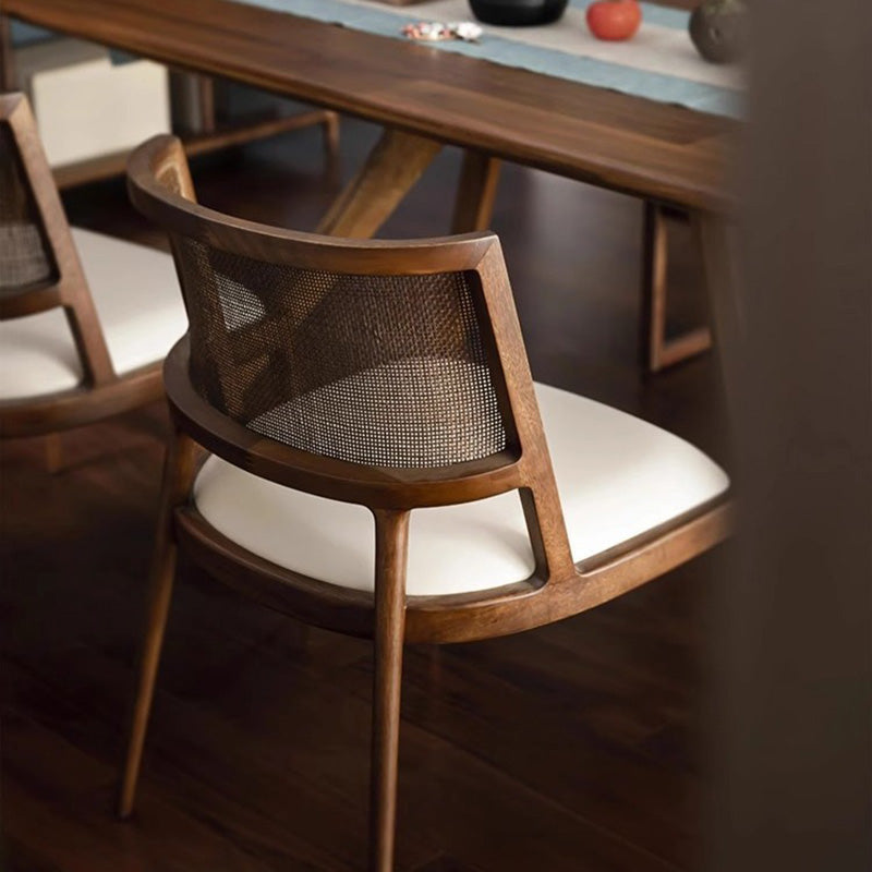 Retro Microfiber Leather Rattan Wood Dining Chair — Without Armrest / Black